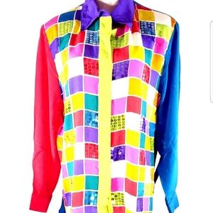 Sequined Color Block Button Up
